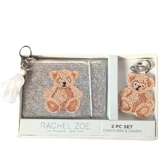 Rachel Zoe Beaded Teddy Bear 2 Piece Coin Purse & Bag Charm - Picture 1 of 7